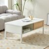 40.16" Rattan Coffee table, sliding door for storage, metal legs, Modern table for living room , white