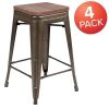 24 High Metal Counter-Height, Indoor Bar Stool with Wood Seat in Gun Metal Gray - Stackable Set of 4