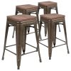 24 High Metal Counter-Height, Indoor Bar Stool with Wood Seat in Gun Metal Gray - Stackable Set of 4