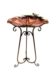 19 Inch Red Hearts Metal Birdbath With Bird