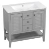 36" Bathroom Vanity with Ceramic Basin, Two Cabinets and Drawers, Open Shelf, Solid Wood Frame