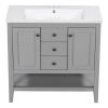 36" Bathroom Vanity with Ceramic Basin, Two Cabinets and Drawers, Open Shelf, Solid Wood Frame